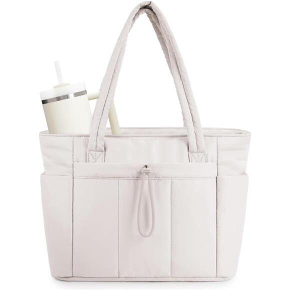 Puffer Tote Bag for Travel, White - Picture 1 of 6